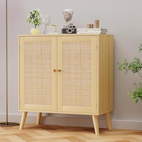 EOYUTLLY Sideboard Buffet Cabinet, Kitchen Buffet Cabinet with Rattan Doors, Rattan Accent Cabinet with Adjustable Shelves for Hallway, Kitchen, Living Room, 31.5 x 15.7 x 35 Natural, Assemble Easily Cover