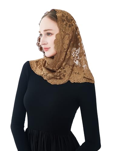 Wgior Embroidered Triangle Catholic Church Mantilla Veils Floral Lace Scarf Shawl Mass Chapel Veil (Brown) - Thumbnail 5