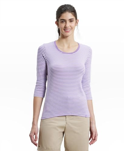 Image of Jockey 1360 Women's Super Combed Cotton Elastane Stretch Slim Fit Striped Round Neck Three Quarter Sleeve T-Shirt