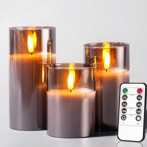Goldprice Glass Battery Operated LED Flameless Candles with Remote and Timer, Real Wax Candles Warm Color Flickering Light for Festival Wedding Home Party Decor(Pack of 3)