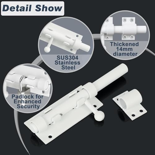Image of Alise Stainless Steel Gate Latch - Slide Bolt, Heavy Duty Door Latch, White Barrel Bolt, Security Slide Lock