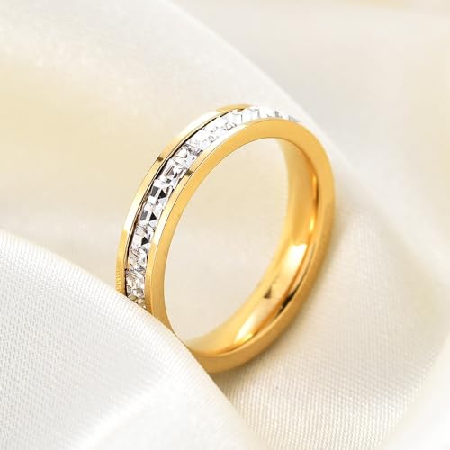 Personalized Best Friend Rings for 2 Stainless Steel CZ Flat Edges Eternity Stacking Ring Engagement Wedding Band for Sisters,BFF Friendship Jewelry,Bridesmaid Gift4