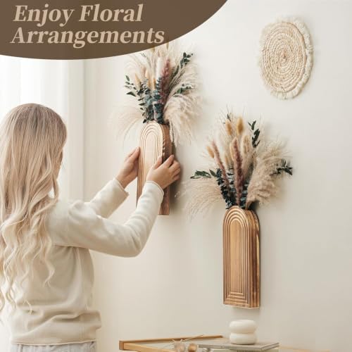 2 Pack Wooden Wall Vase Set with Pampas Grass Eucalyptus, Modern Farmhouse Boho Wall Decor for Living Room, Entryway, Hallway, Bathroom, Dining Room, Brown Wall Art for Home Decoration