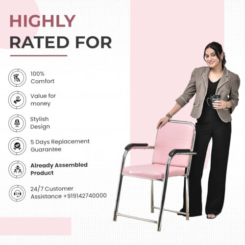 Image of GOYALSON Office Chair Visitor with arm Rest with Steel Frame and Cushioned seat Back Chair Without Wheels Chair (3, Pink, Heavy 1)