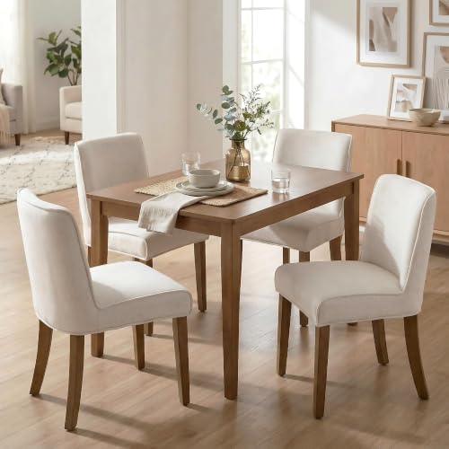 Image of Mid-Century Dining Chairs Set of 4, Linen Fabric Solid White Kitchen Chairs with Walnut Wood Leg Cushioned Back Modern Rustic Side Chairs for Living Room /Kitchen /Dining /Restaurant