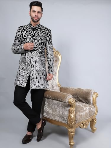 Image of WINTAGE Embroidered Velvet Black Bandhgala
