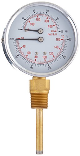 PIC Gauge TRI-HD-302L-G 3" Dial Size, 1/2" Male NPT Connection Size, 0/200 psi Range, 80/320Â°F Temperature Range, Bottom Mount Industrial Heavy Duty Round Dial Tridicators with Stainless Steel Case, Plastic Lens