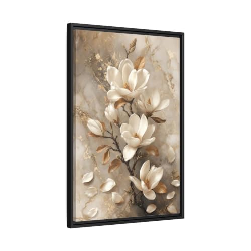 Impression Toile Magnolia Blanc et Or Cadre Vertical 50x75 Salon