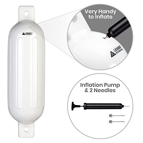 Image of Leader Accessories Ribbed Twin Eyes Boat Fender Bumper Pack of 4 Includes 3 /8'' Fender Lines and Pump to Inflate