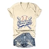 QOSAUEA Baseball Shirts for Women Dodgers Jersey Game Day T Shirt Short Sleeve V Neck Tops Beige