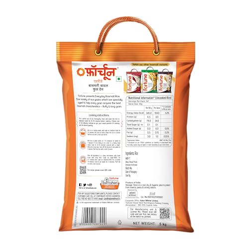 Fortune Everyday Basmati Rice, 5 Kg | Full Grain, Fluffy & Non-Sticky | Ideal for Daily Cooking