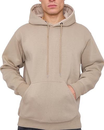 LABEL APPAREL Mens Pullover Fleece Hoodie 300GSM Sweatshirt Plain Hoody Work Hooded Jumper Ribbed Cuff Long Sleeve Pull Over Top, Beige, L