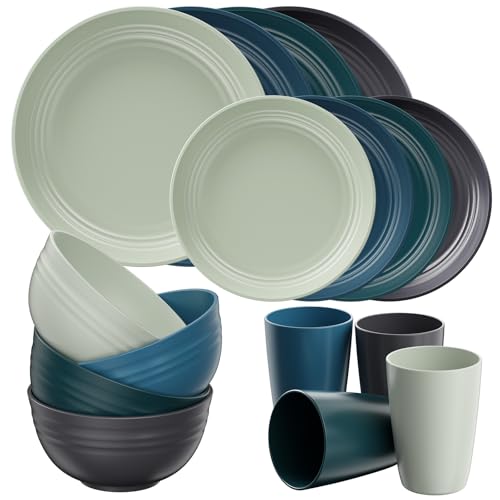 Quatish Kunststoff Geschirrset aus PP, Unzerbrechliches Camping Geschirr Set für 4 Personen, 16PCS Wiederverwendbare Tafel-Set für Kinder und Erwachsene, Geschirrspüler Mikrowelle Sicher, Grün