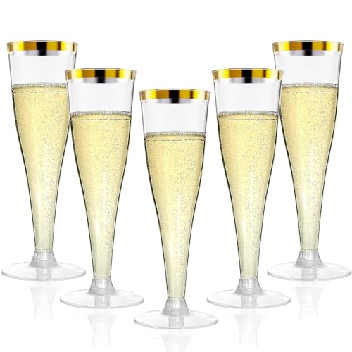 Torchero 20 Pack Champagne Flutes Plastic Wine Glasses Disposable, 4.5 Oz Gold Rim Mimosa Glasses...