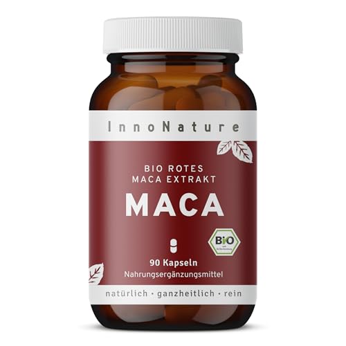 InnoNature Bio rotes Maca-Extrakt Kapseln | Rotes Maca aus rein natürlichen Inhaltsstoffen | 90 Kapseln, 450 mg Extrkt pro Kapsel | glutenfrei, vegan, ohne Zusätze
