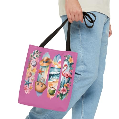 Tropical Summer Tote Bag for Women – Pink Beach Bag with Flamingo, Seashells, Coconut Drink, Surfboard – Vacation Gift3