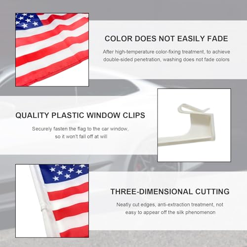 Image of 2PCS US American Car Flag Window Clip, 17 inchx12 inch Double Sided Patriotic Window Flag with Flagpole Mount, Premium Polyester USA Flag Banner Decoration for Vehicle Window