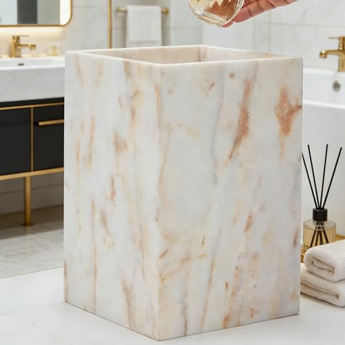Natural Marble Waste Basket for Bathroom, Modern Gold and White