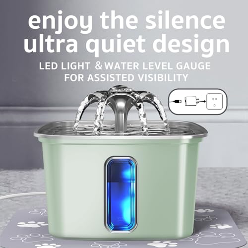 Image of Veken Innovation Award Winner Stainless Steel Cat Water Fountain, 108oz /3.2L Automatic Pet Fountain Dog Water Dispenser with Replacement Filters & Silicone Mat for Cats, Dogs (Tea Green)