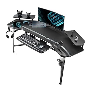 EUREKA ERGONOMIC Gaming Desk with Led Lights,72″ Large Wing-Shaped Studio Desk W Keyboard Tray, Computer Desk Table W Monitor Stand Dual Headphone Hanger Cup Holder for Live,Streamer,Black