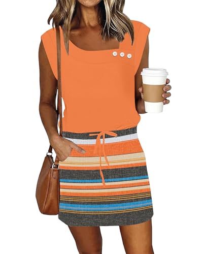 Image of SAUKOLE Womens Summer Dress Cap Sleeve Square Neck Short Dress with Pockets | Classic Square Neckline, Button Front, Adjustable Drawstring Waist, Flowy Mini Sundress for Women, 2026 Summer Outfits