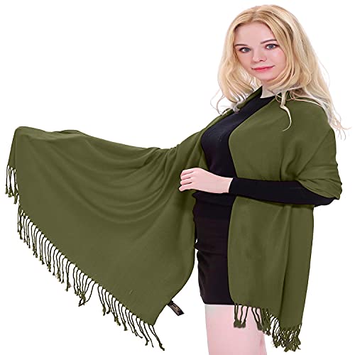 CJ Apparel Avocado Green Solid Color Tassels Design Nepalese Shawl Seconds Scarf Wrap Stole Throw Head Wrap Pashmina Hand Made in Nepal New2