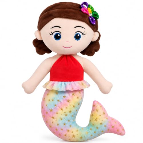 Image of Mermaid Soft Toy Doll | Multicolor Eyes Fish Girl Plush Toy | Soft Stuffed Doll for Kids & Girls red Doll (red)
