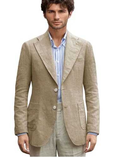 Mens' Linen Blazer Slim Fit Single Breasted Suit Summer Jacket Casual Sports Coat for Beach Wedding Formal Party