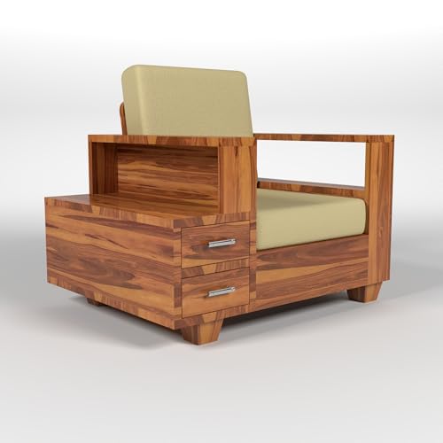 Image of Solid Sheesham Wood Single Seater Sofa with Drawer Storage - Elegant Wooden Sofa | Single Person Sofa Set for Your Living Room (Design 22)