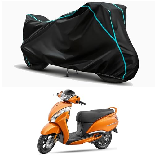 Image of Waterproof Bike Body Cover Compatible for | TVS Jupiter 125 Drum | Taffeta Fabric, Sky Piping Design, Bottom Elastic Fit | Dustproof, Sun UV & Rain Protection for All Weather.