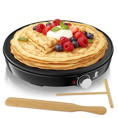 SUPERLEX Crepé eléctrica, creador de panqueques – Sartén antiadherente de 30 cm (12) con pantalla LED y control de temperatura, incluye espátula de madera y distribuidor de masa