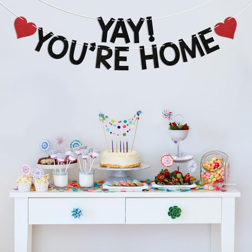 Image of Yay! You're Home! Banner - Welcome Back to Home Sign, Family Reunion Party Bunting Sign, Welcome Home Party Decorations Black Glitter