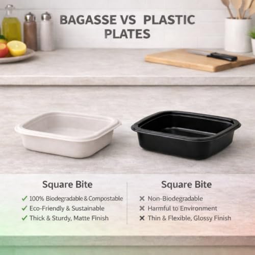 Image of Eco Aaroyaa Bagasse Square Disposable Plates - 7 inch - Eco-Friendly Biodegradable plates - Oil & Water Resistant use and throw plates for Snacks, Starters, Desserts & Parties (Pack of 50)