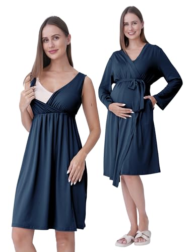 SUNNYBUY Camisón de maternidad y lactancia con bata, 2 piezas, juego de vestido de noche 3 en 1 para el parto, el parto y la lactancia, ropa de dormir hospital, azul marino, XXL