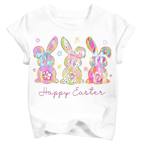 TUIVX Girls Easter Shirt Toddler Coquette Bunnies T-Shirts Kids Brushstroke Cottontail Happy Easter Tops White (4-5 Years)