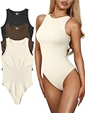 OQQ Women's 3 Piece Bodysuits Sexy Ribbed One Piece Sleeveless Halter Neck Tops Leotard Summer Trendy Black Coffee Beige