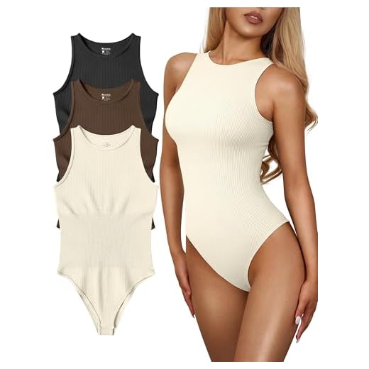 OQQ Women's 3 Piece Sexy Ribbed One Sleeveless Halter Neck BodySuit, Black Coffee Beige, Medium