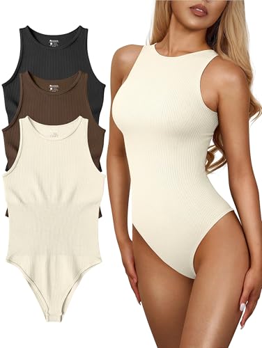 Image of OQQ Women's 3 Piece Bodysuits Sexy Ribbed One Piece Sleeveless Halter Neck Tops Leotard Summer Trendy