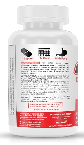 NutriJa Caffeine 200mg 100 Capsules | Pure & Potent | Boosts Performance & Metabolism