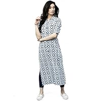 AnjuShree Choice Women Stitched Straight White Blue Printed Cotton Kurti