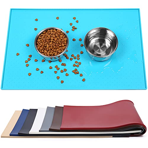 VIVAGLORY Dog Food Mat, Cat Dog Feeding Mat, Waterproof Non-Slip Food Grade Silicone Mat Placemat with Raised Edge, Anti-Messy Pet Bowl Mat for Food and Water, Turquoise, L(24