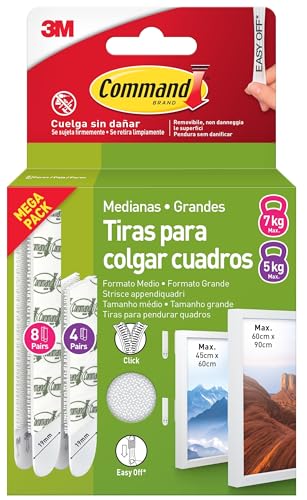 Command Tiras Adhesivas para Colgar Cuadros, 8 pares Grandes/4 pares Medianas, Blancas - Para Marcos, Espejos, Letreros, o Relojes de Pared - Colgar Sin Agujeros y Sin Taladrar