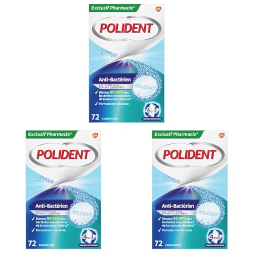 Polident Nettoyant Antibactérien, Pour Prothèses Dentaires Partielles ou Complètes, Formule Non Abrasive, 72 Comprimés (Lot de 3)