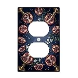 Copri presa duplex color melograno, elegante motivo floreale artistico con coppa dorata, in plastica blu scuro, dimensioni standard, doppia presa di corrente, per nuovo appartamento, casa, camera da