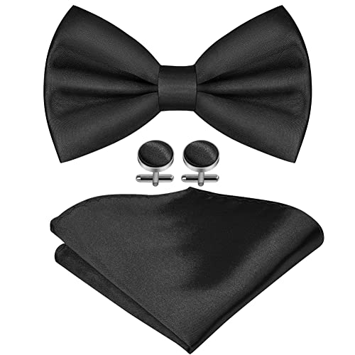 URAQT Herren 3-teilige Klassische Einfarbig Fliegen mit Einstecktuch Manschettenknöpfe für Männer, Smoking Fliege Schleife mit Haken, Schmale Bow Tie für Hochzeit Party (Schwarz)