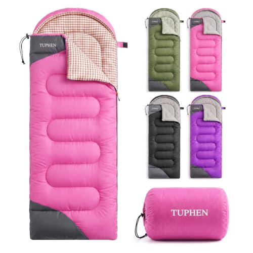 tuphen 32℉ Sleeping Bags for Adults Kids Cold Weather & Warm - 3-4 Season Sleeping Bag for Backpacking Camping Hiking - Outdoors Camping Essentials Gear Accessories Traveling (Pink Plaid)