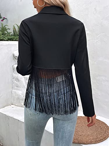 Floerns Women's Lapel Neck Long Sleeve Fringe Trim Party Blazer Jacket Crop Top Black L #TOP1