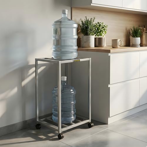Image of Premium 2-Layer Water Dispenser Trolley Stand ? Strong Metal Frame with Locking Wheels | Fits 20L 25L Water Jars, Bottles & Cans | Silver Multipurpose Storage Rack(Silver)