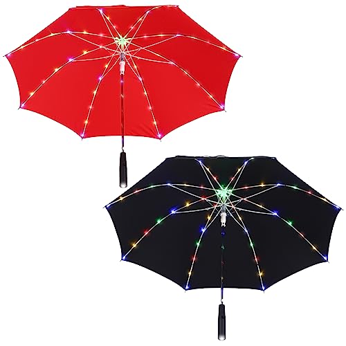 Sweetude 2 Pcs Light up Umbrella for Rain LED Umbrella 23 Inch Black Red Umbrella with LED Light for Rain or Sun Fun Stage Romantic Umbrella for Boys Girls Adults Wedding Photo Prop Outdoor