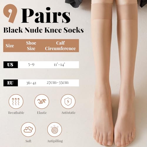 Image of 9 Pairs Knee High Stockings for Women, Light Skin Color Knee High Nylons for Women, Nude Pantyhose Reinforced Toe High Tights Sheer Nylon Stockings One Size